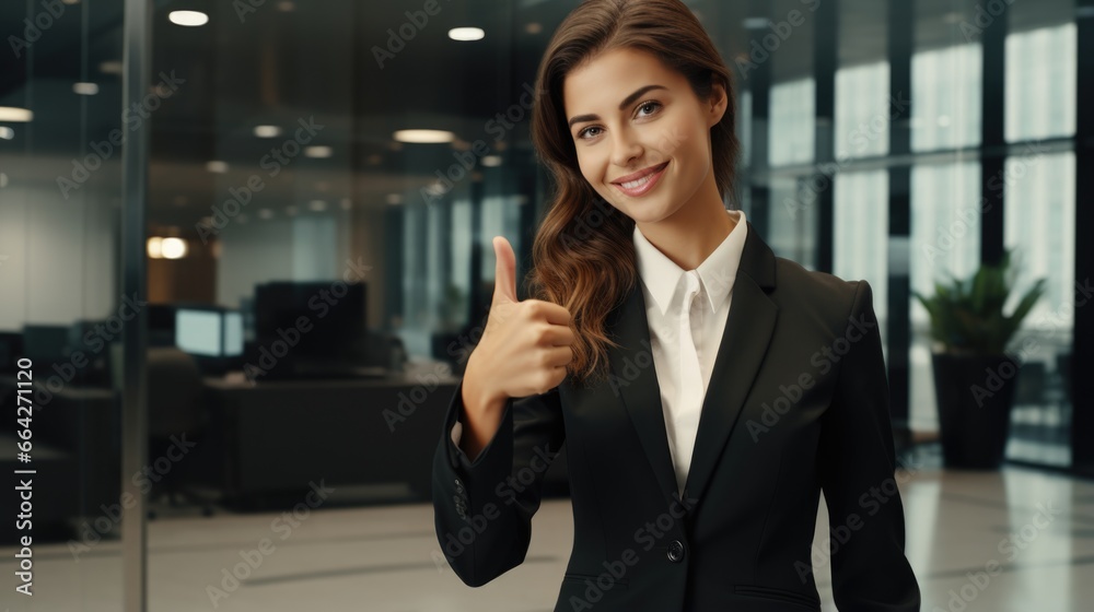Successful Businesswoman Gives Thumbs Up. Fictional characters created by Generated AI.