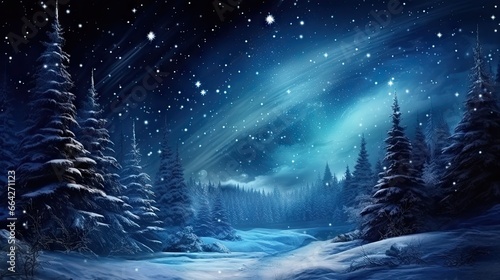 Christmas Eve winter forest snow starry sky comet © vxnaghiyev