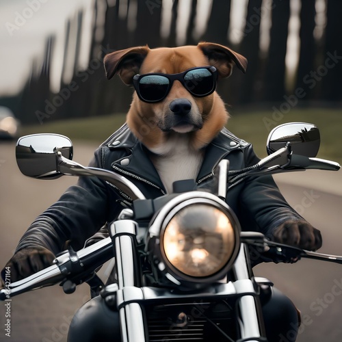 A stylish dog in a leather jacket and sunglasses, riding a custom motorcycle2 © Ai.Art.Creations