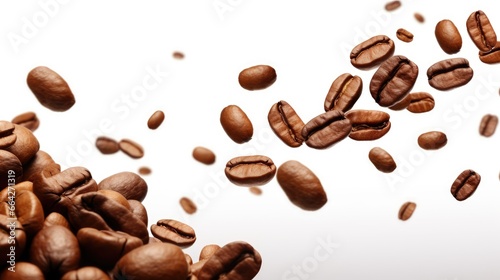 Coffee beans in flight descending in isolation with text Template for cafe menu or brochure featuring natural blurring and shallow depth