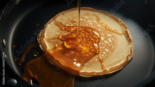 Close up of a pancake being flipped by a black spatula