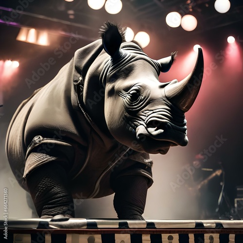 A rockstar rhinoceros in a punk-rock outfit, performing on a grand stage4