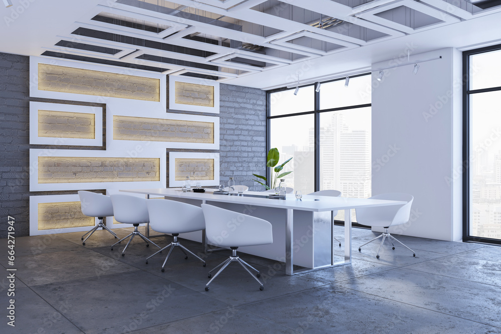 Fototapeta premium Clean meeting room interior with window and city view, decorative wall and furniture. 3D Rendering.