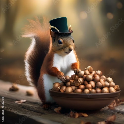 A squirrel in a magician's outfit, pulling endless acorns out of a top hat5