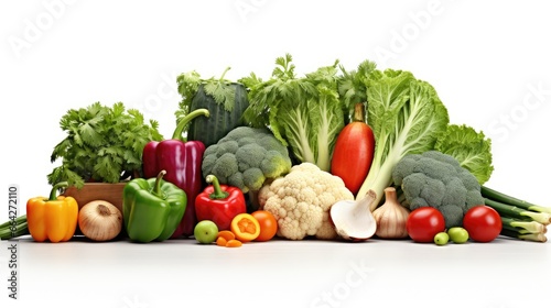 Assorted fresh produce in a crate on white background suitable for a healthy diet includes broccoli cucumber onion peppers carrots apple grape lima and potatoes