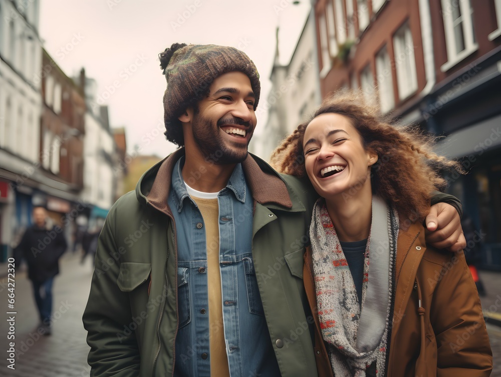 laughing couple walking happily on the street in the city laughing couple walking happily on the street in the city