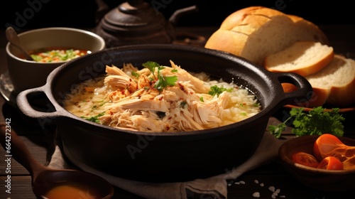 Brazilian soup called Caldo de Quenga served in a black pot on a rustic surface with bread and a spoon