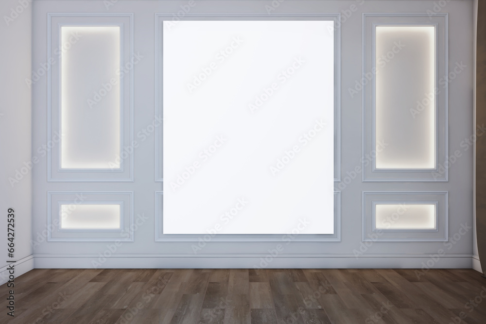 Modern luxury interior with empty white mock up banner, classic decorative concrete walls, daylight and wooden flooring. 3D Rendering. Modern luxury interior with empty white mock up banner, classic decorative concrete walls, daylight and wooden flooring. 3D Rendering.