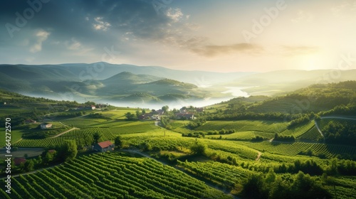 Beautiful sunrise aerial landscape over countryside vineyard fields © vxnaghiyev