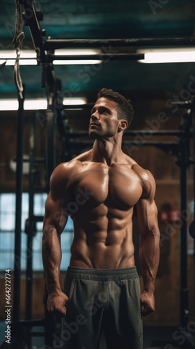 Fitness Model Showcasing His Ripped Abs and Muscular Physique. Fictional characters created by Generated AI.