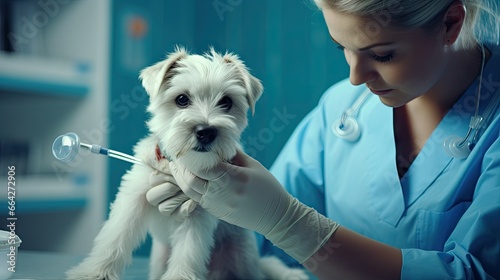Closeup of a vet administering an injection to a dog in gloves photo