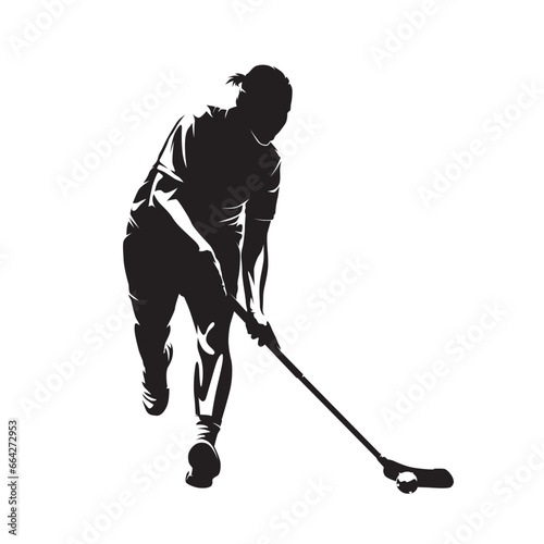 Floorball, woman playing floorball with stick and ball, isolated vector silhouette