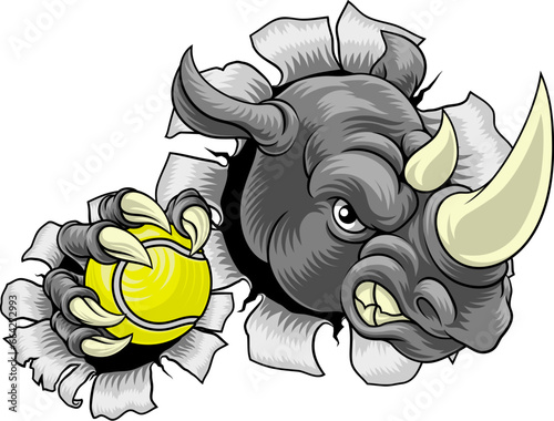 A Rhino Rhinoceros mean tough cartoon sports animal mascot holding a tennis ball
