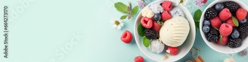 Scoops of Vanilla  mint leaves in a glass bowl  sprinkles  berries  and flowers.