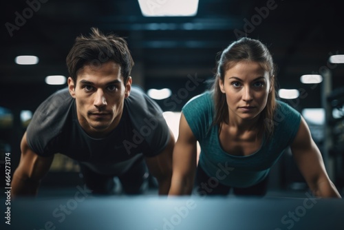 Physically Fit Couple Working Out at the Gym. Fictional characters created by Generated AI. photo