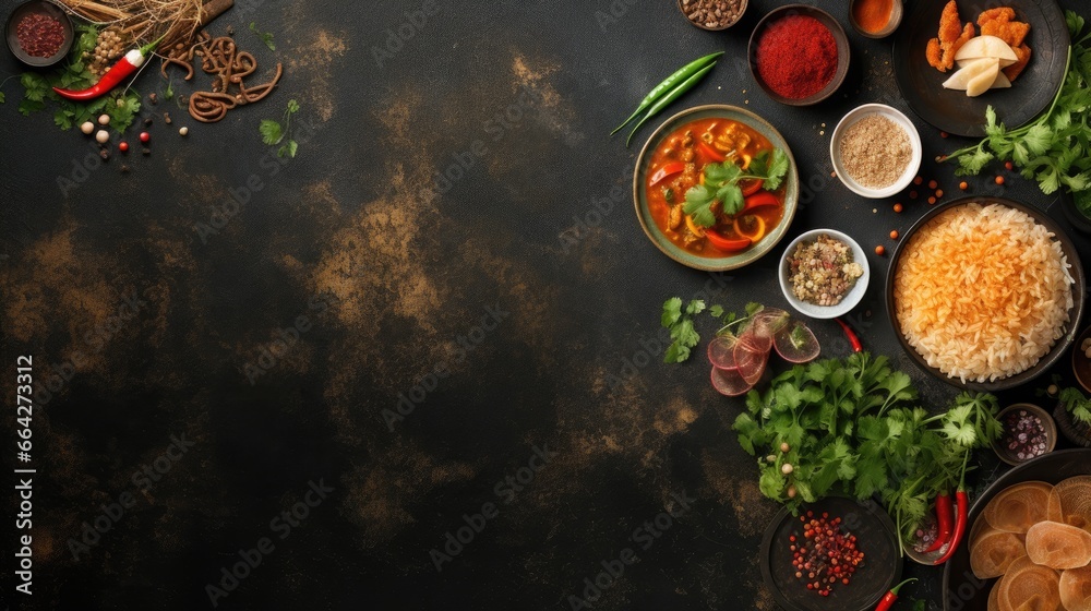 Asian meals on rustic background top view place for text representing Asian food concept