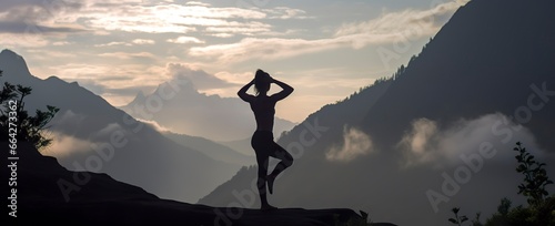 silhouette of a woman practicing yoga in the summit with mountain Background.