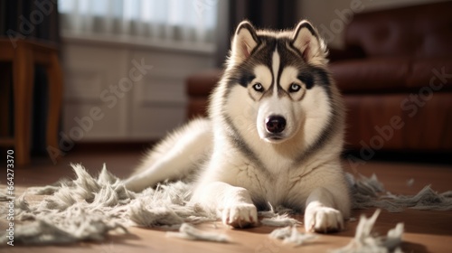 Annual shedding of pets coats during the molt Grooming the undercoat of a Siberian husky Combing boy removes wool Husky lies on floor eyes wide with fear