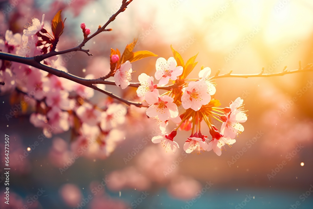 Spring blossom background. Nature scene with blooming tree and sun flare.