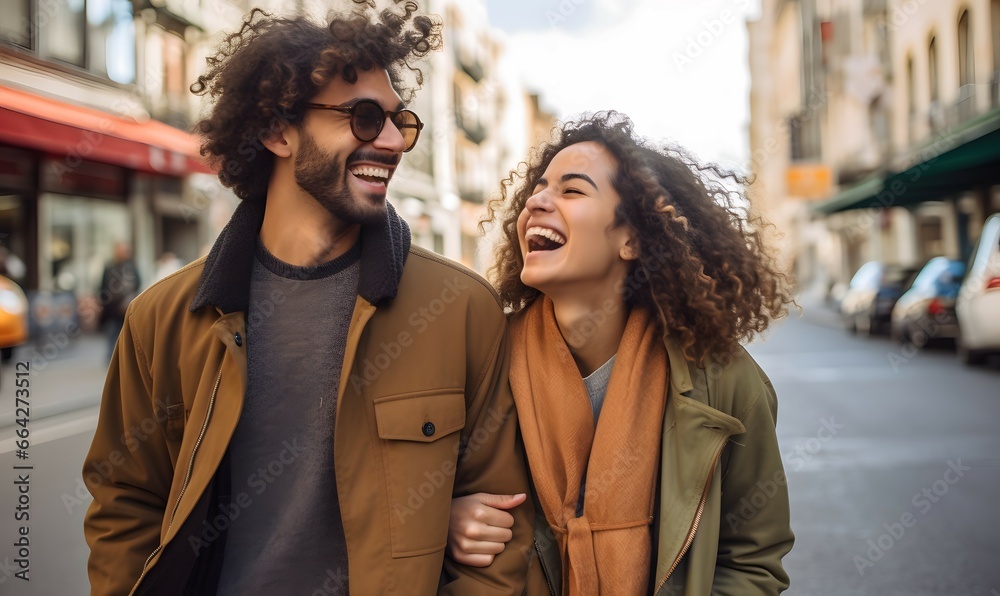 laughing couple walking happily on the street in the city laughing couple walking happily on the street in the city