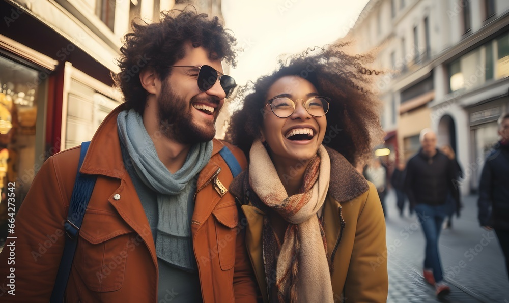 Obraz premium laughing couple walking happily on the street in the city