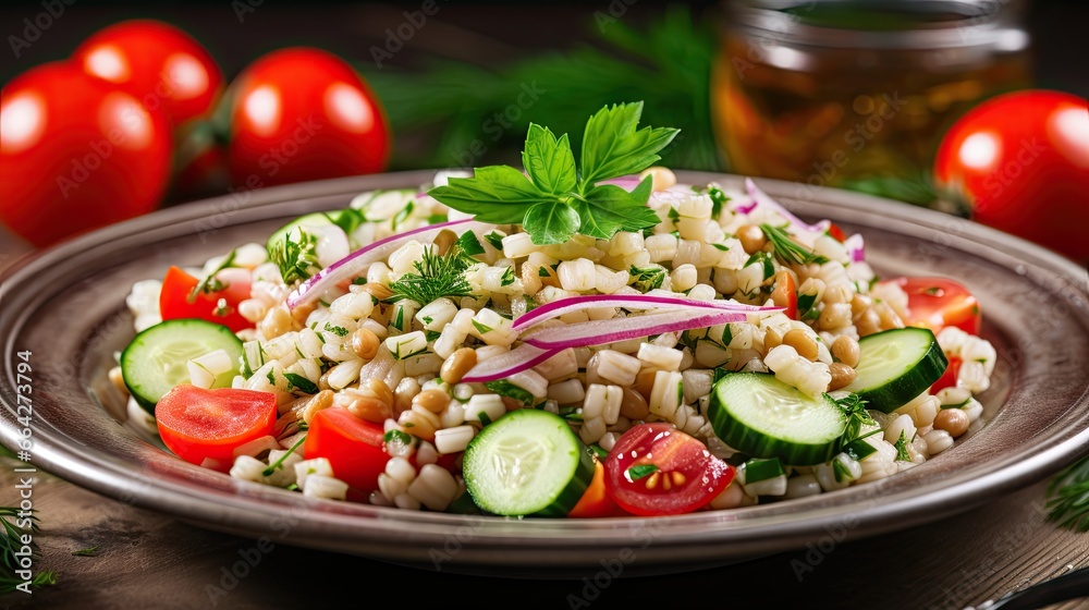 Close up of a plate with boiled pearl barley and mixed vegetables tomatoes cucumbers olives parsley and basil Suitable for vegans and vegetarians