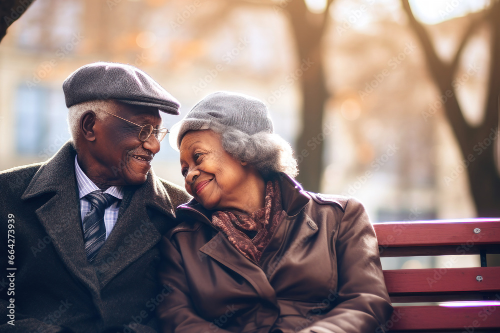 An elderly dark-skinned couple, a man and a woman, are hugging on a bench in the park. They enjoy communication. Date. Older African American lovers. Relationships in old age. Love and romance. An elderly dark-skinned couple, a man and a woman, are hugging on a bench in the park. They enjoy communication. Date. Older African American lovers. Relationships in old age. Love and romance.