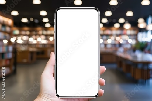 white Blank screen phone float in front , center, Blurred background fresh fruit and vegetable shelves at the market