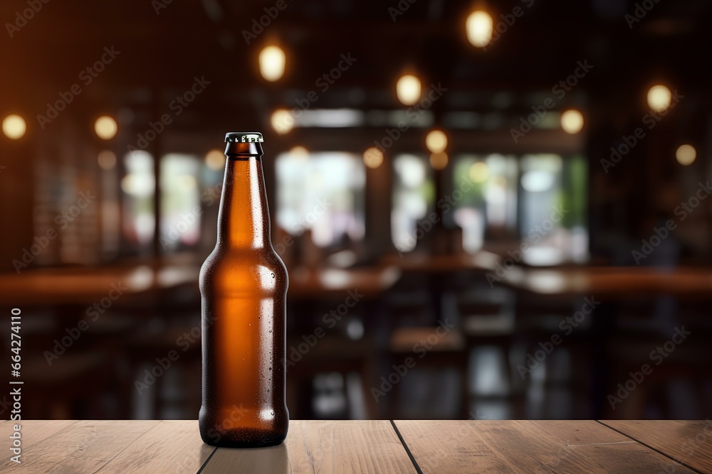 beer bottle on a classic wooden table, mockup style , vintage bokeh bar background beer bottle on a classic wooden table, mockup style , vintage bokeh bar background