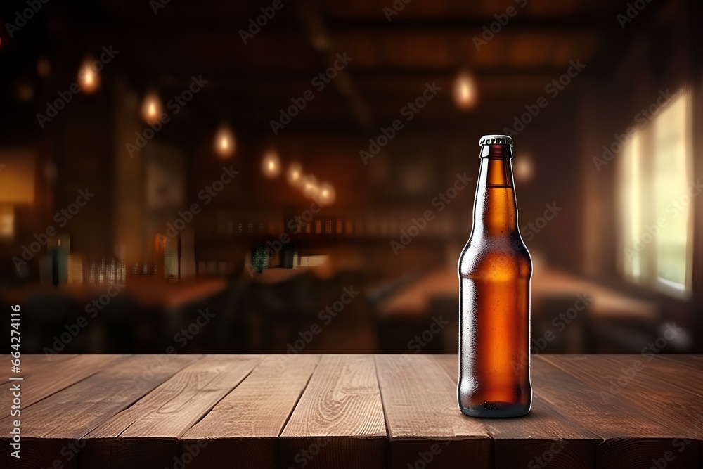 beer bottle on a classic wooden table, mockup style , vintage bokeh bar background