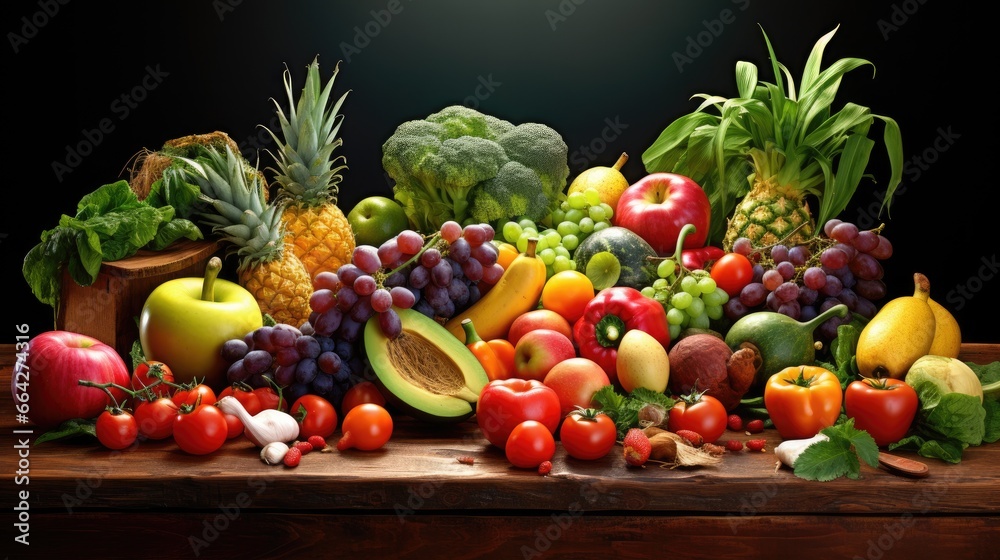 Assortment of organic fruits and vegetables on table Assortment of organic fruits and vegetables on table