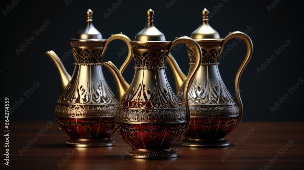 Arabic coffee vessels symbolize hospitality in the culture Arabic coffee vessels symbolize hospitality in the culture