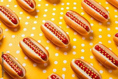 Pattern of fresh made hot dogs on yellow dot pastel background