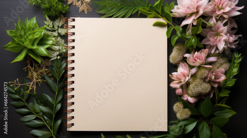 white blank notepad lies on the table, top view, cup of coffee, flowers, plants, space for text, layout, business, office, stationery, sheet of paper, school, work, background, empty page, green photo