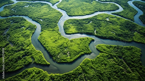 Bird s eye perspective of river bend in delta s lush greenery
