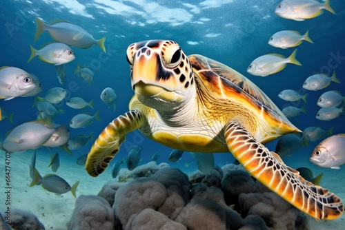 Turtle closeup with school of fish. © AbulKalam