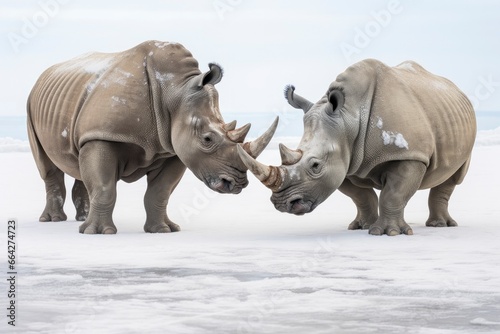 Two Rhinoceros getting ready for fight on Ice. © AbulKalam