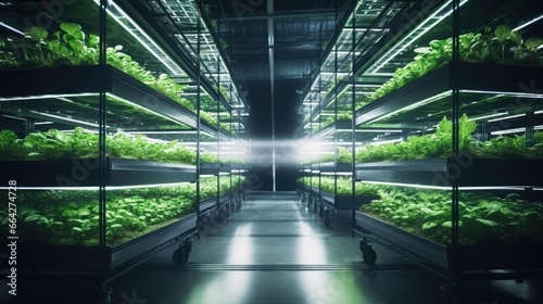 Automated indoor city farming with microgreen plants under ice lamps on shelves
