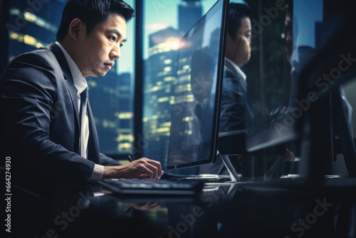 Businessman Working on Computer at Office Desk. Fictional characters created by Generated AI.