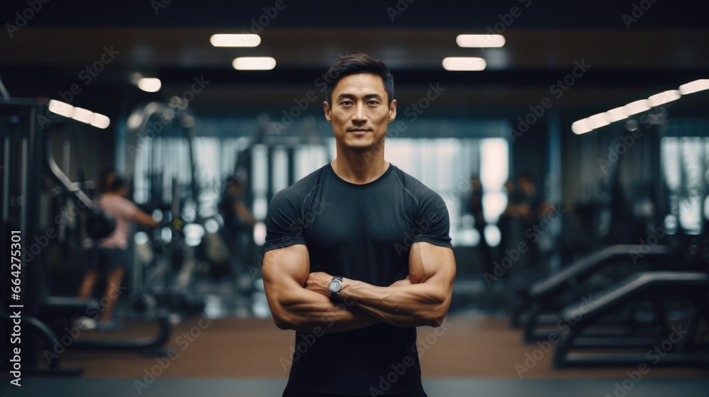 A Strong Man Posing in a Gym. Fictional characters created by Generated AI. - obrazy, fototapety, plakaty 
