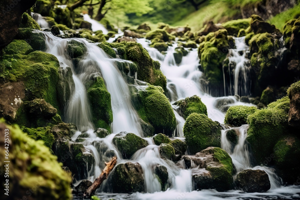 Waterfall landscape with rocks covered in green moss. Waterfall landscape with rocks covered in green moss.
