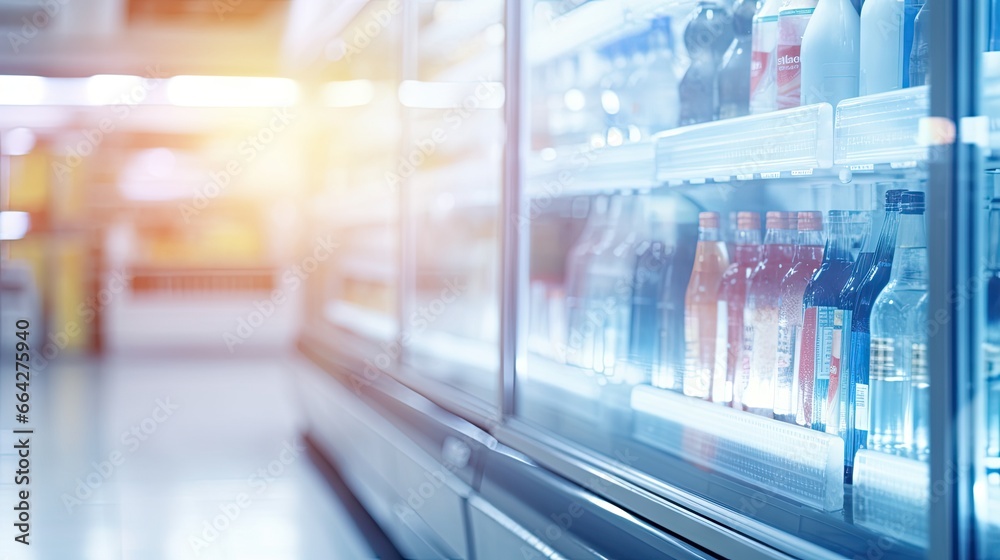 Blurred drink cooler in supermarket with glass background - obrazy, fototapety, plakaty 
