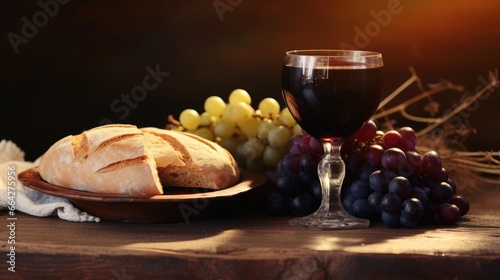 Communion symbolism Bread grape juice crown of thorns wooden table Easter reminder of Jesus sacrifice
