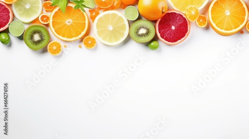 Assorted vibrant summer fruit displayed on white table