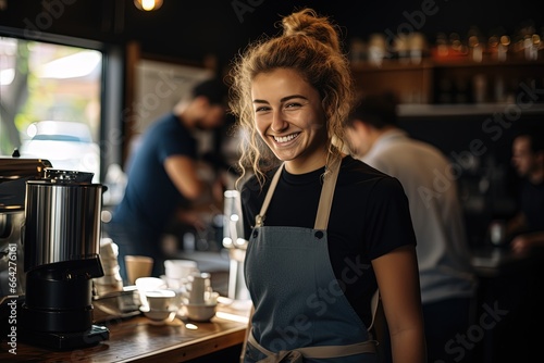 Smiling woman in coffee shop wearing apron and standing in front of counter with coffee maker and cups photo