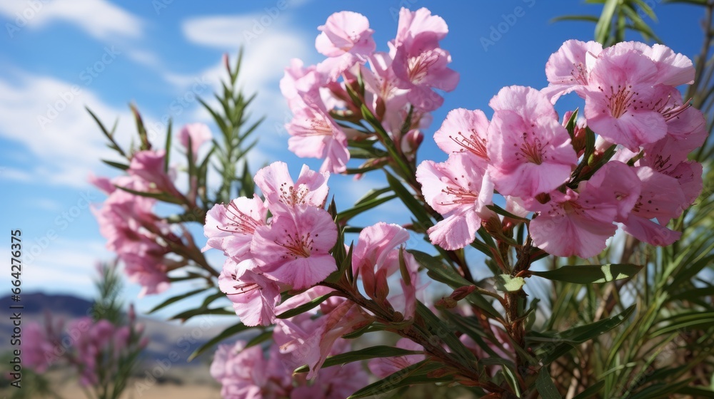 Blooming desert willow against blue sky in closeup - obrazy, fototapety, plakaty 