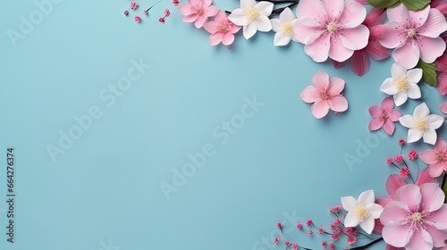 Blank paper with pink flowers on a pastel blue background arranged flat and viewed from above with space for text