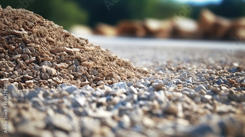 Close up of gravel pile on a construction site for road building Background includes sand and selective focus photo