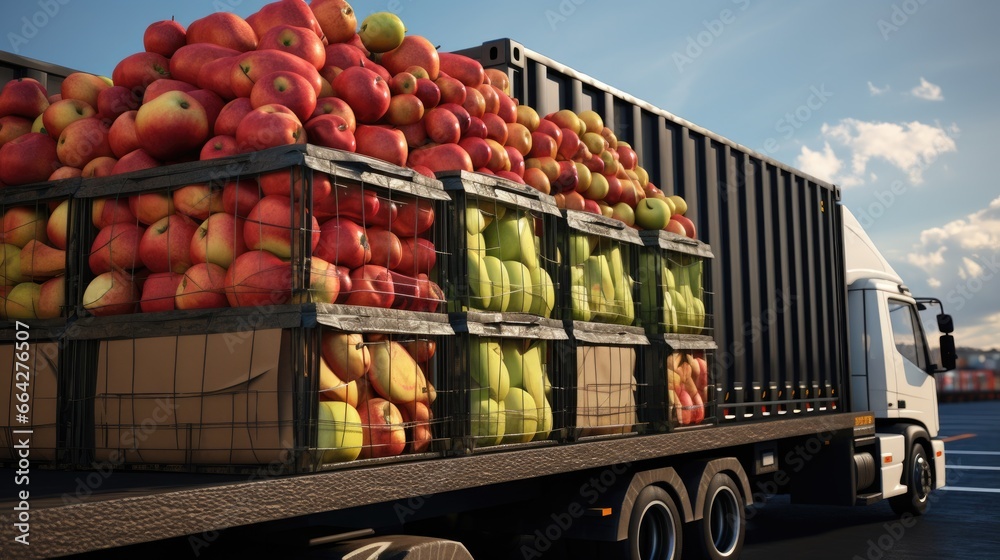 Apple filled containers loaded onto a truck for market distribution