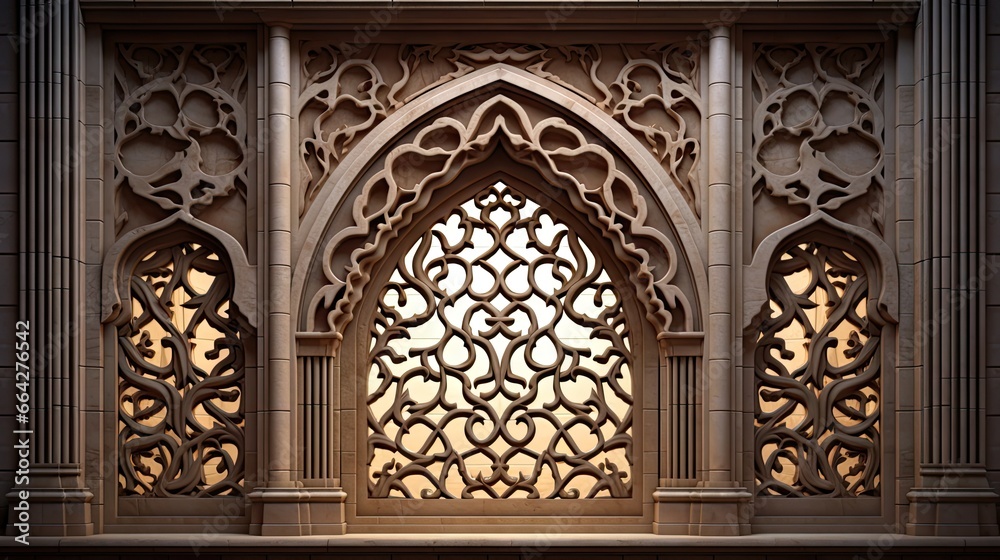 An Islamic art exhibit in Dubai showcasing a carved stone openwork window in the style of Arabic mosques